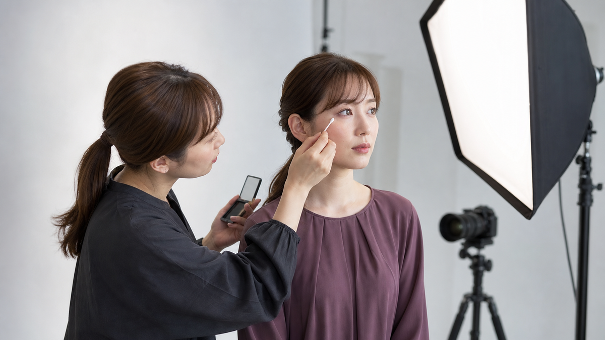 スタジオ照明の下でアイラインの目尻のにじみを確認するヘアメイク