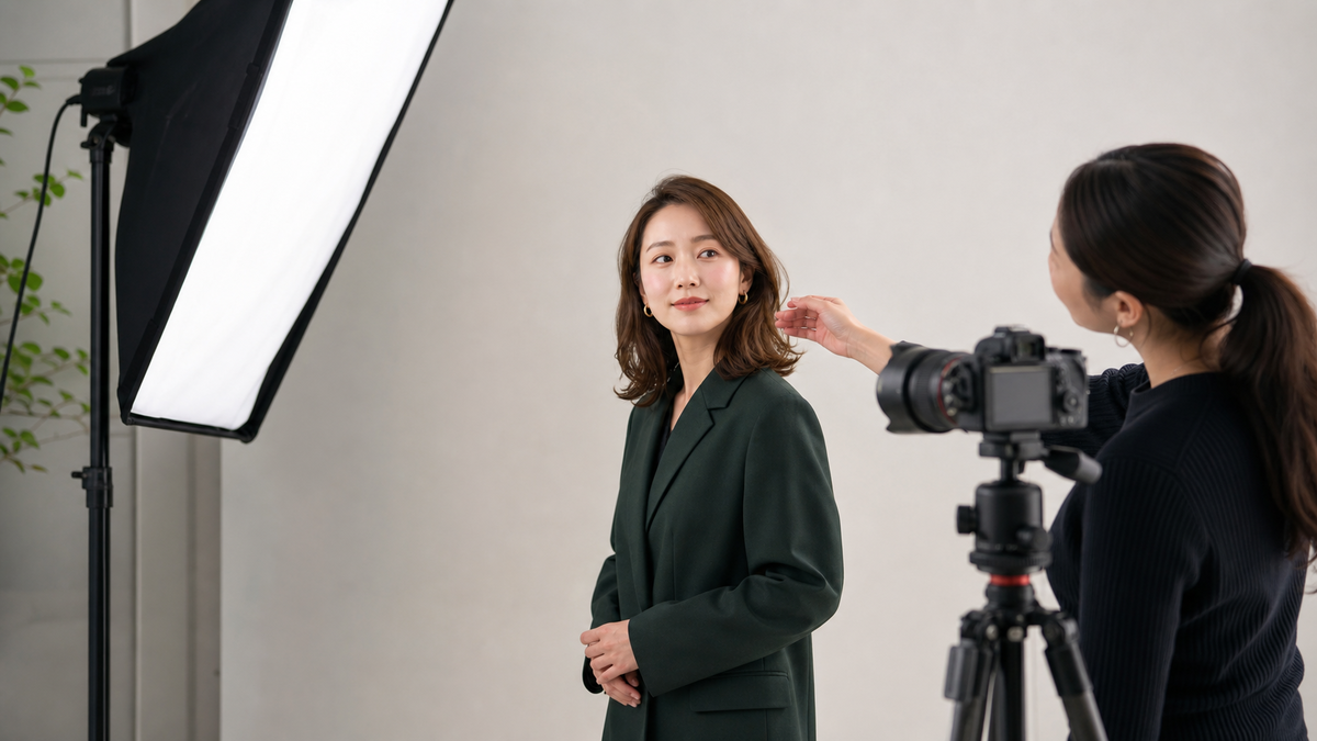 スタジオ照明とカメラの前でパネル写真のチーク発色を確認する女性
