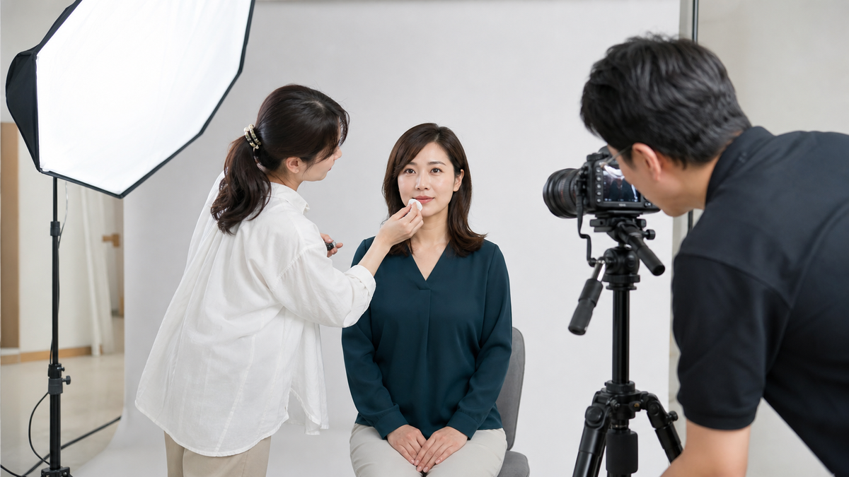 撮影照明とカメラの前でリップの色と輪郭を確認する女性