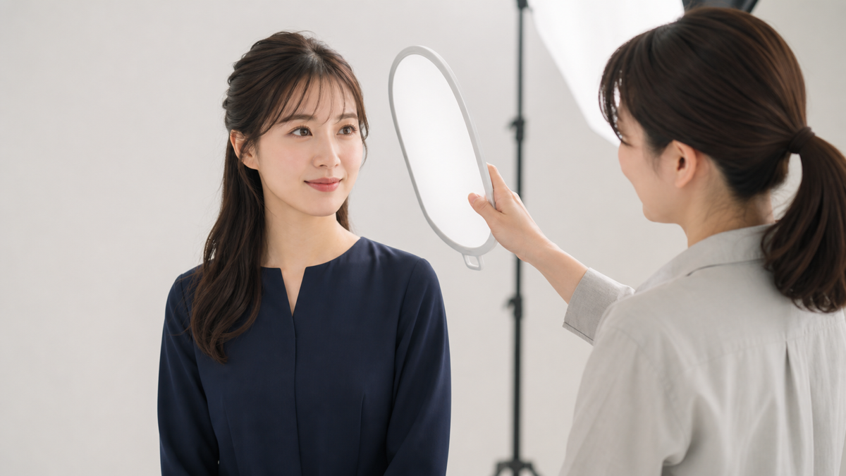 婚活写真の撮影セットで前髪と目元を手鏡で確認する女性