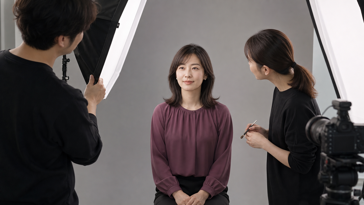 スタジオ照明の前で涙袋メイクの白飛びと影を確認する女性
