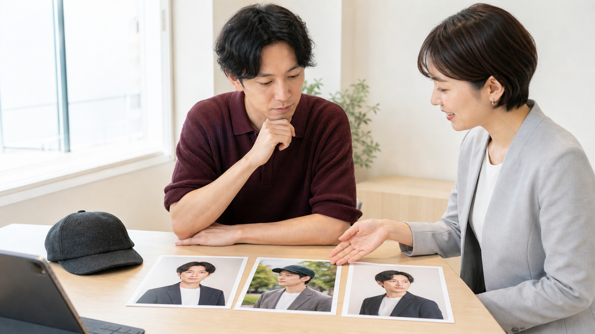 帽子ありと帽子なしのマッチングアプリ写真を比較する撮影相談
