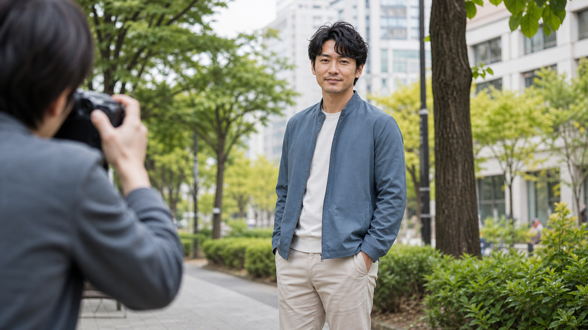 大阪の屋外で男性の自然なマッチングアプリ写真を撮影する様子