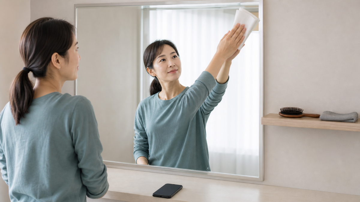 写メ日記の鏡越し撮影前に鏡を拭き背景を整える女性