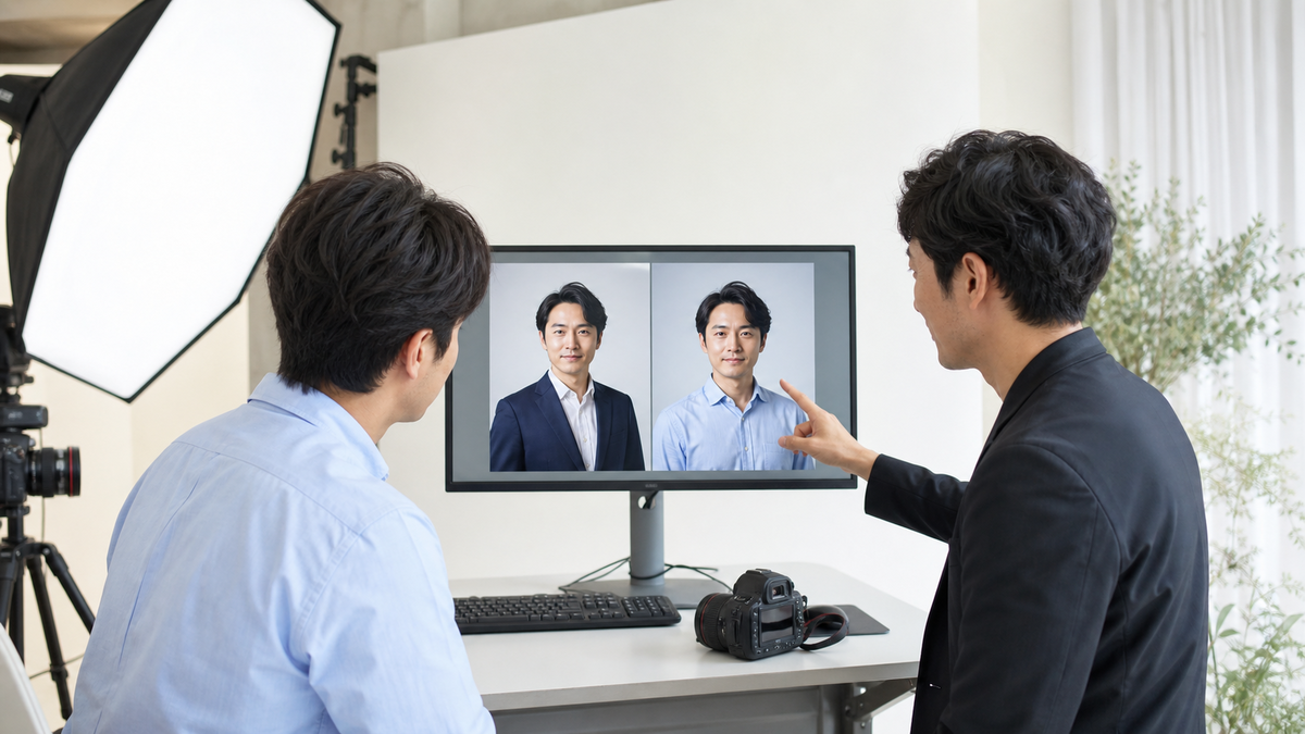 婚活写真のジャケットありとなしを撮影モニターで比較する成人男性と撮影担当者