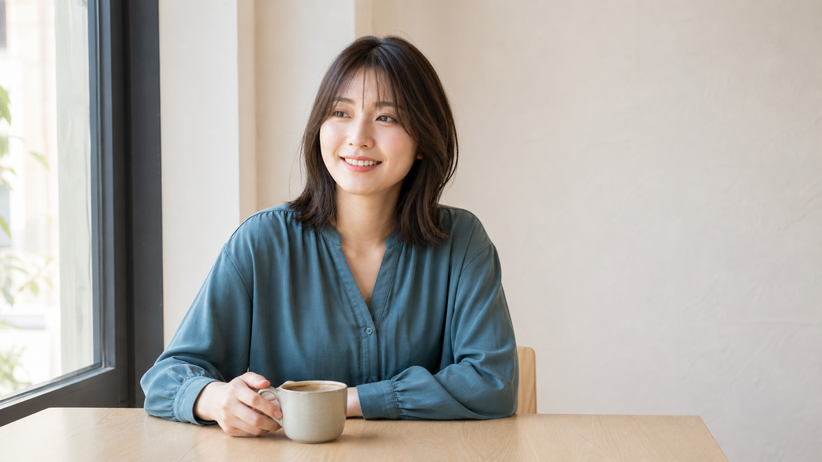 窓際のカフェでマッチングアプリ写真用に自然な表情を見せる女性