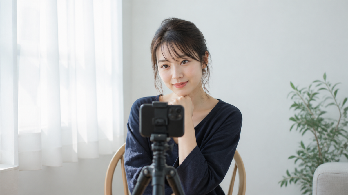 窓際の柔らかい自然光で写メ日記用写真をスマホ撮影する女性