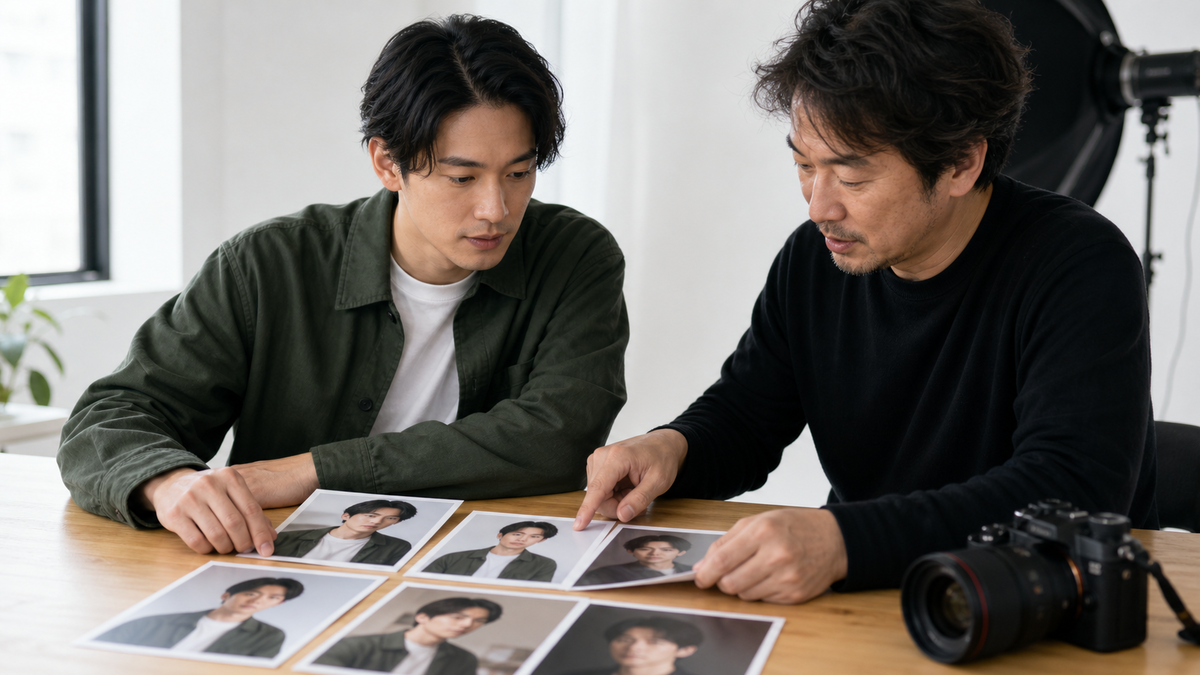 男性のマッチングアプリ写真候補を比較してNG例を確認する様子