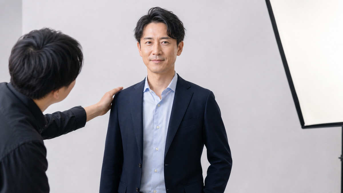 信頼感が伝わるお見合い写真をスタジオで撮影する男性