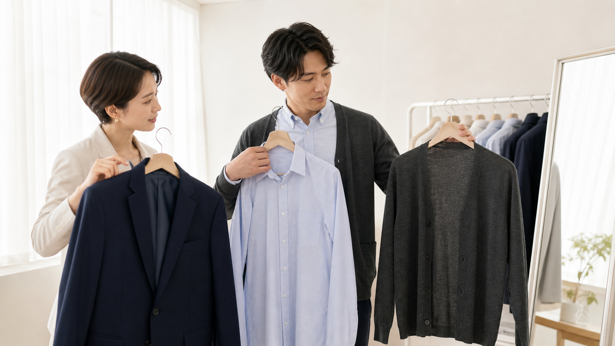 婚活写真用のジャケットとシャツとカーディガンを比較する成人男性とスタイリスト