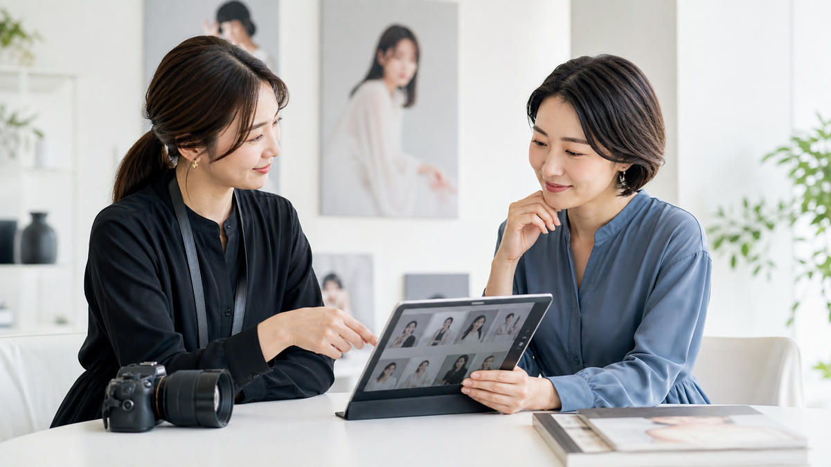 共有アルバムの参加者と公開範囲をタブレットで確認する成人女性2人