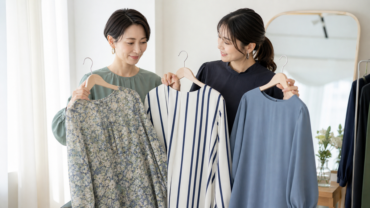 パネル写真向けに花柄とストライプと無地の衣装を比較する女性