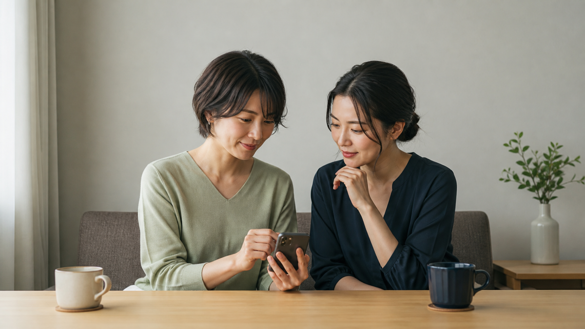 集合写真のマッチングアプリ掲載について友人と確認する女性