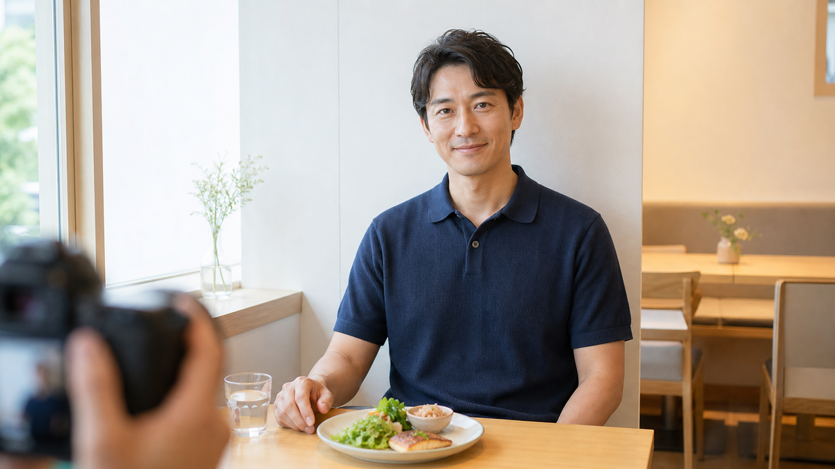 料理より本人を大きく写したマッチングアプリ用の食事写真