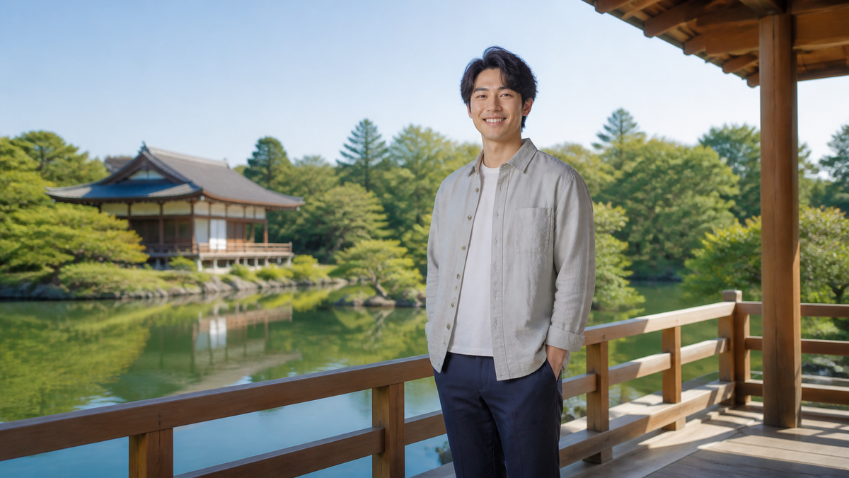 観光地の建物より本人を大きく写した旅行先のプロフィール写真
