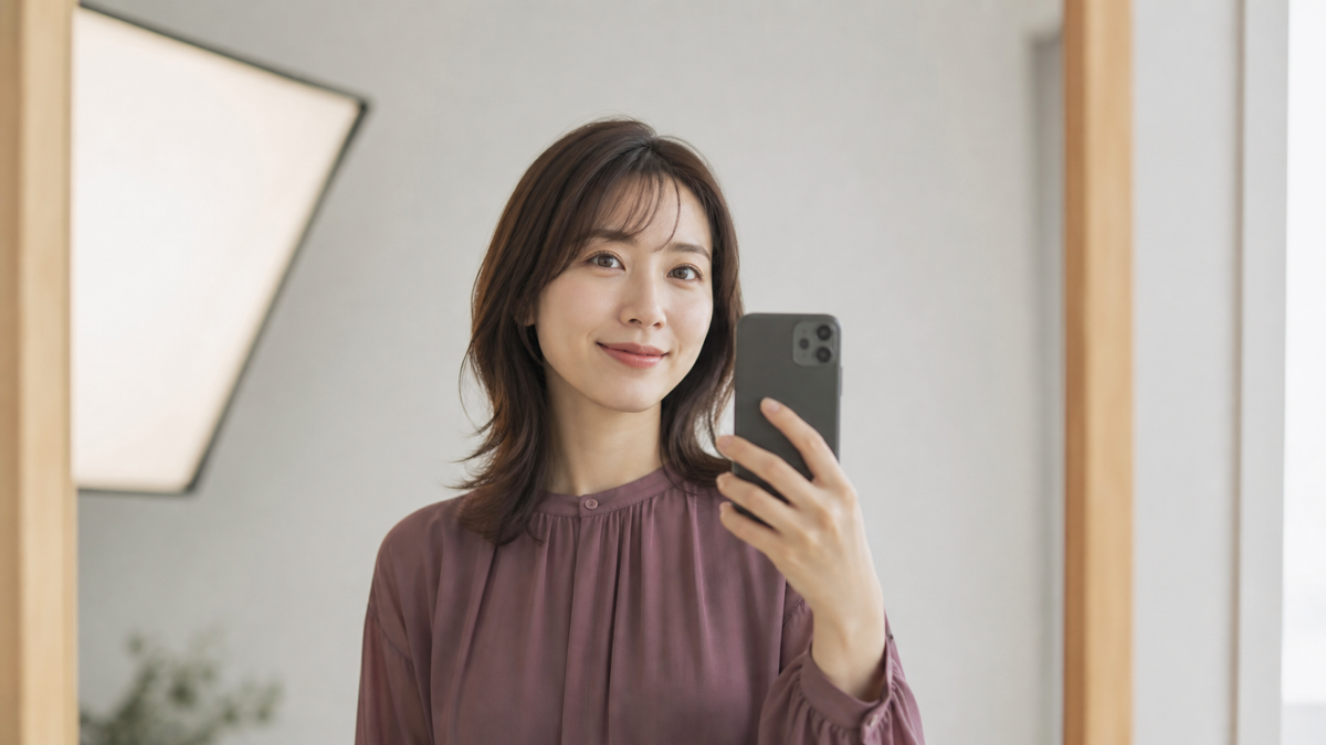 鏡越しショットでスマホを目元からずらし表情を見せる女性