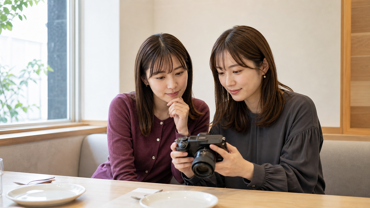 食事後にマッチングアプリ写真の候補をカメラで確認する女性たち