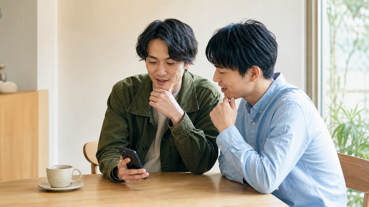 カフェでマッチングアプリ写真の候補をスマホで確認する男性と友人