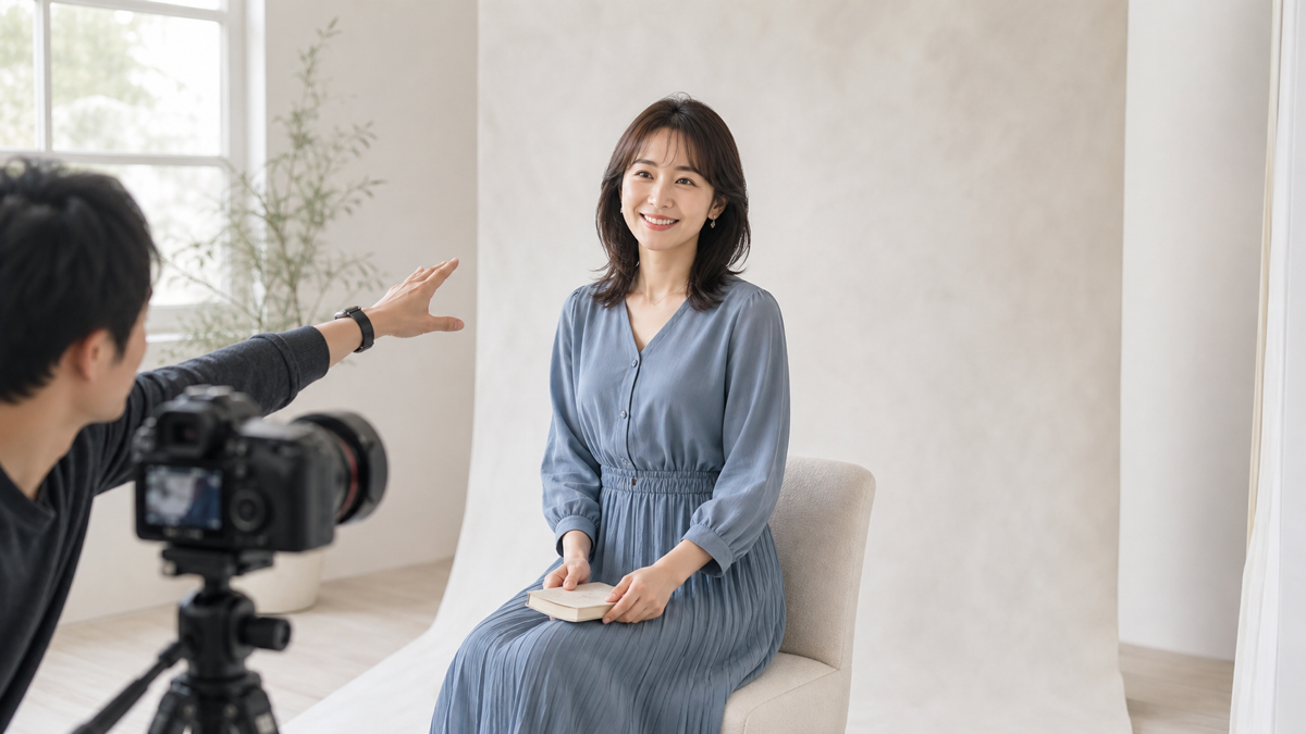 婚活写真で本を持つ位置と姿勢をカメラマンに案内される女性