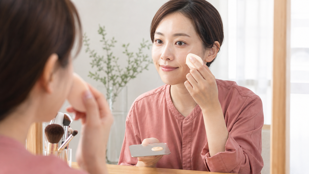撮影前にスポンジでファンデーションを薄く重ねる成人女性