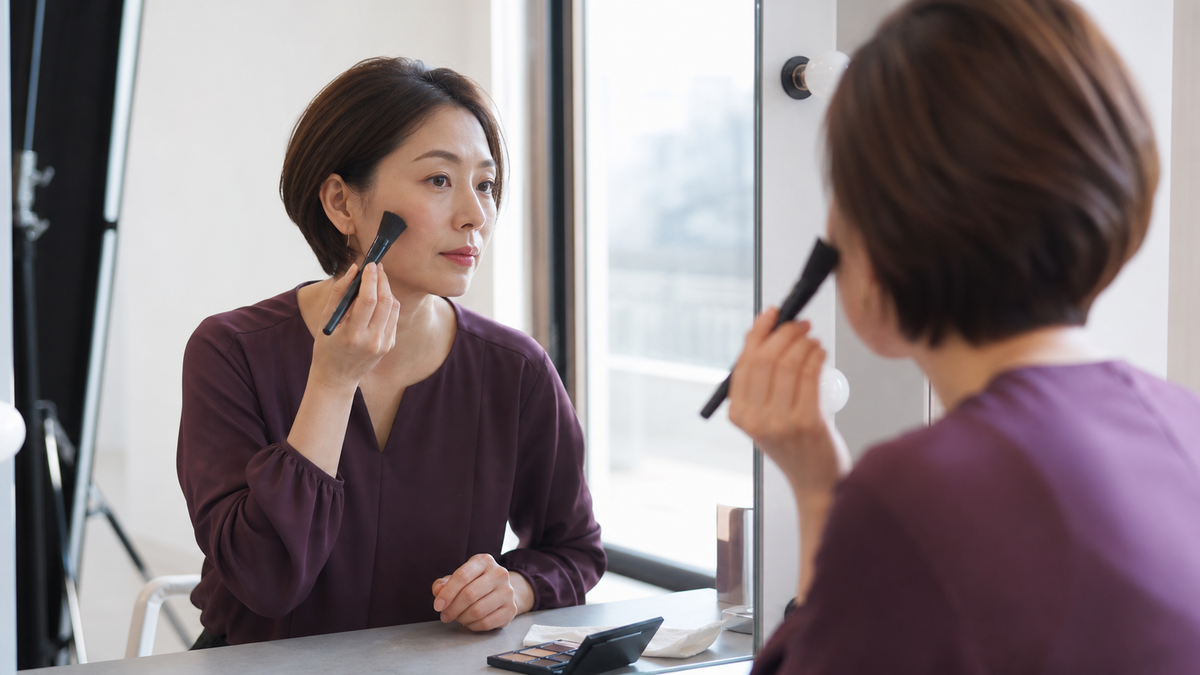 鏡を見ながら頬とフェイスラインのシェーディングを薄く整える女性