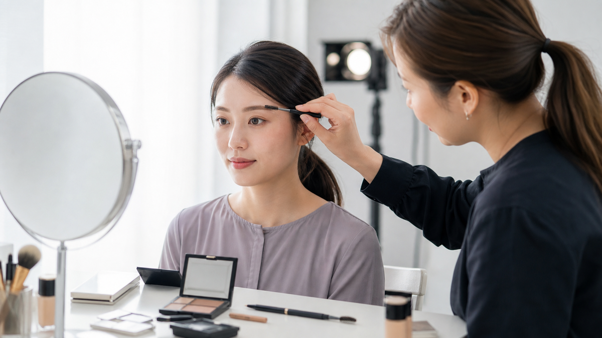 撮影前にスクリューブラシで眉の毛流れを整える様子