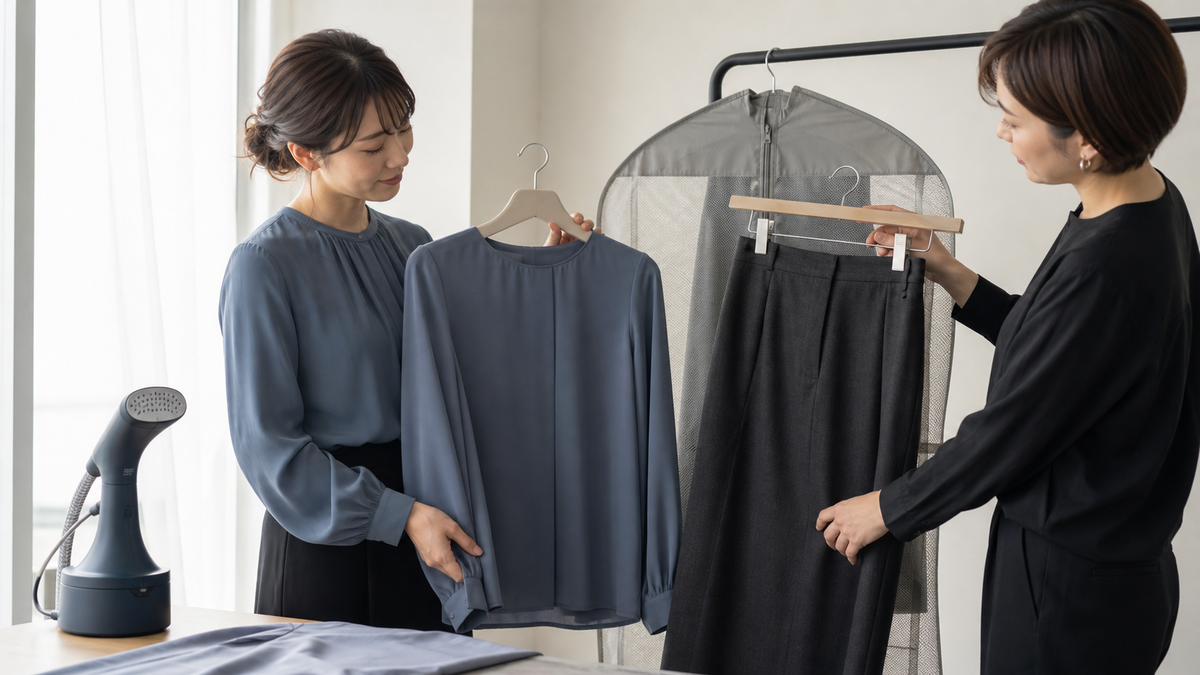パネル撮影用のブラウスとスカートをハンガーで準備する女性とスタイリスト