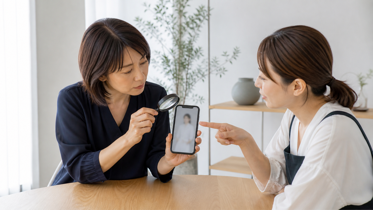 スマホ画面の四隅を拡大して個人情報を確認する成人女性