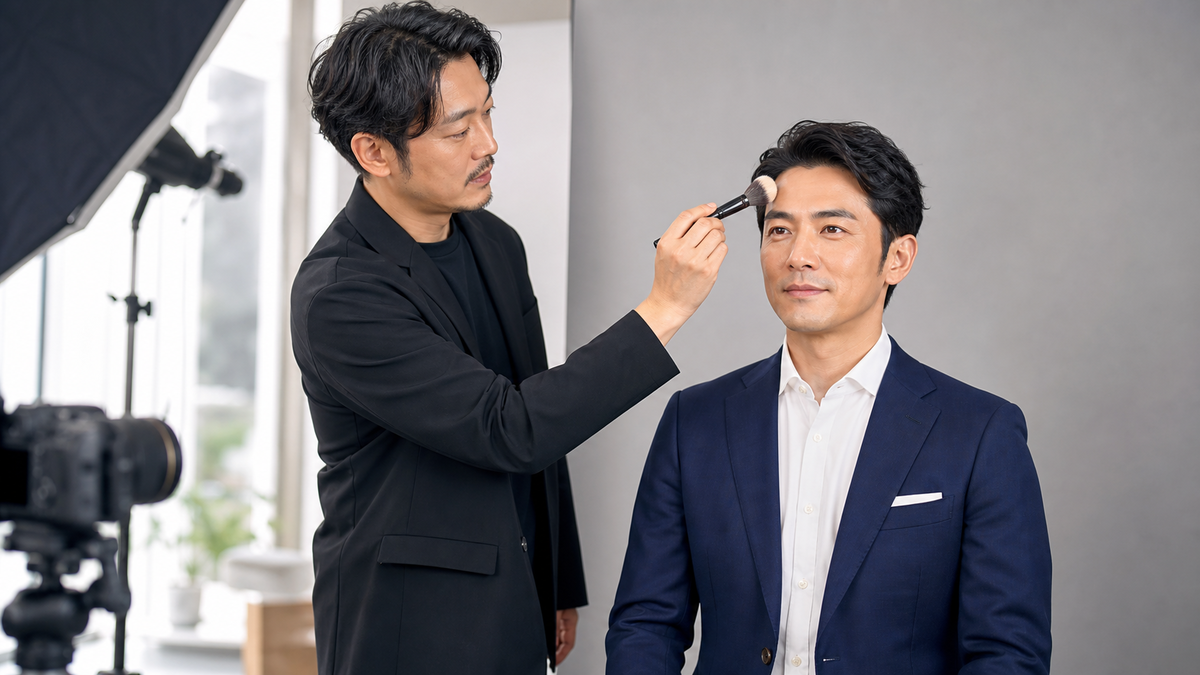 婚活写真のスタジオ照明下で男性ヘアメイク担当者に肌を整えてもらう成人男性