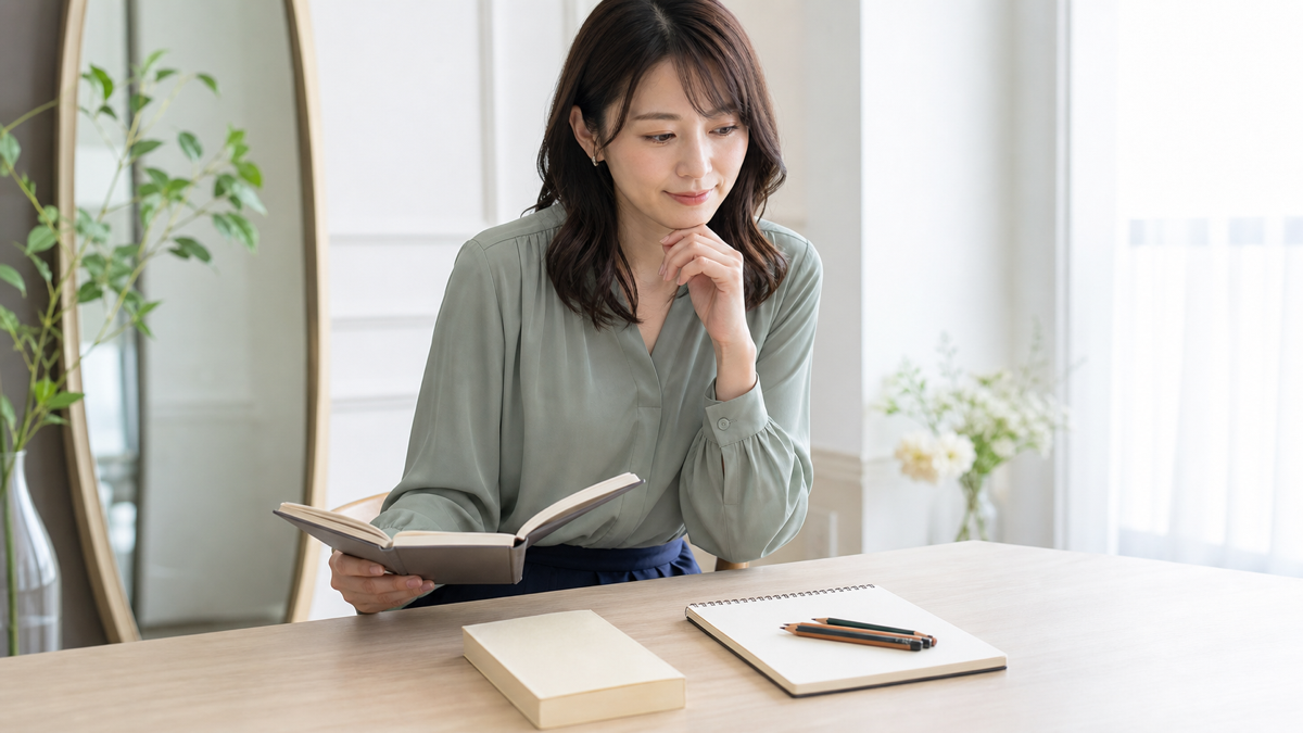 婚活プロフィール文に合う本と画材を撮影前に選ぶ女性