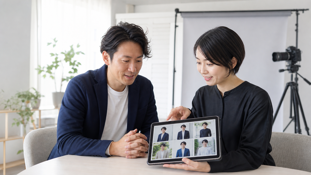 男性が婚活写真とマッチングアプリ写真の候補をスタッフと比較する様子