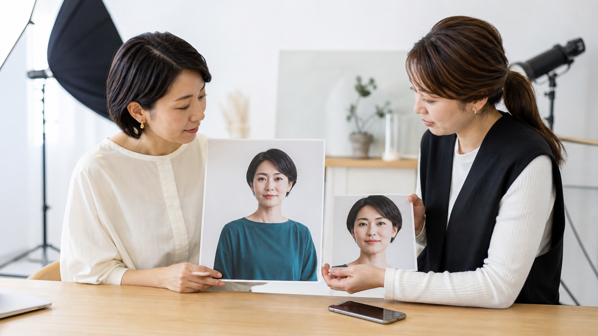元写真と切り取った写真を比べて画質と構図を確認する成人女性