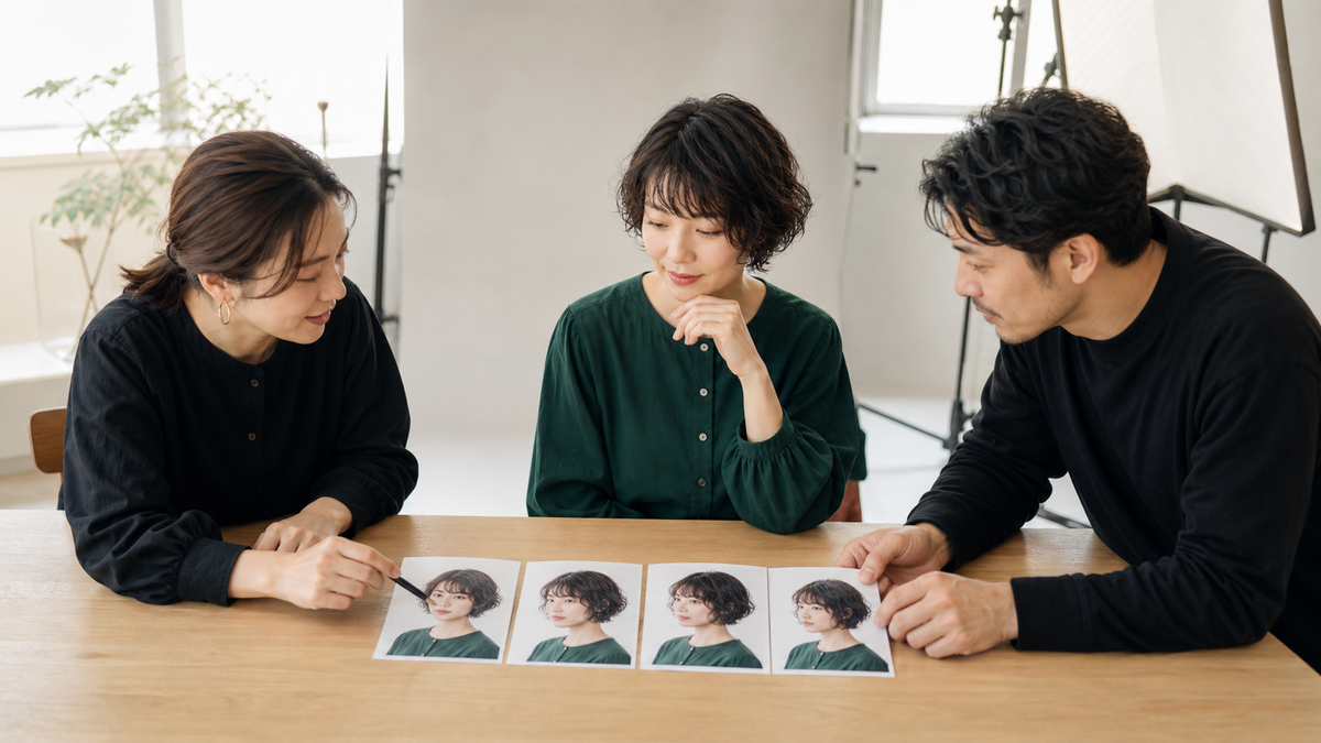 複数のテスト写真を並べてパネル写真の頬骨反射を比較する撮影相談