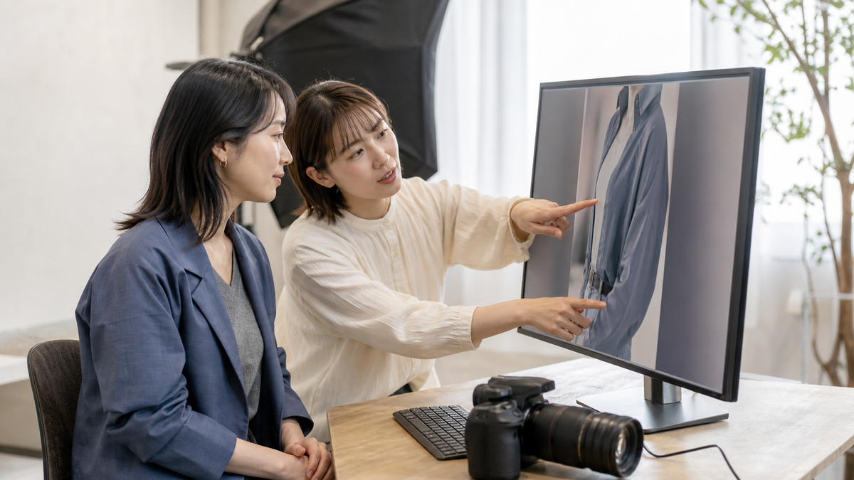 撮影後のモニターで衣装の肩と腰のシワを確認する女性と撮影スタッフ
