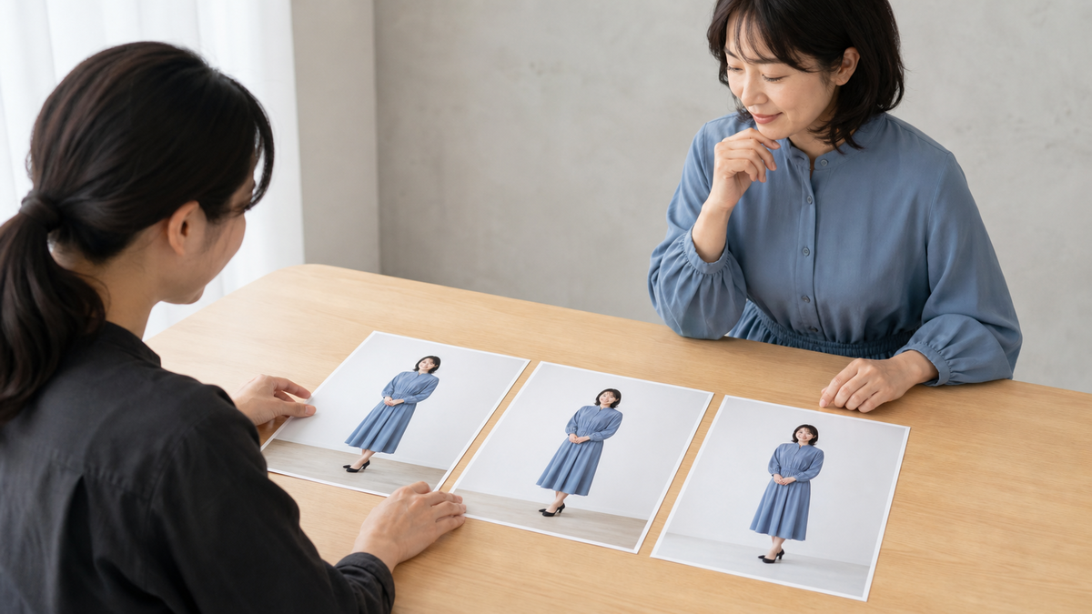 パネル写真の靴と床の余白が異なる全身カットを比較する成人女性とフォトグラファー
