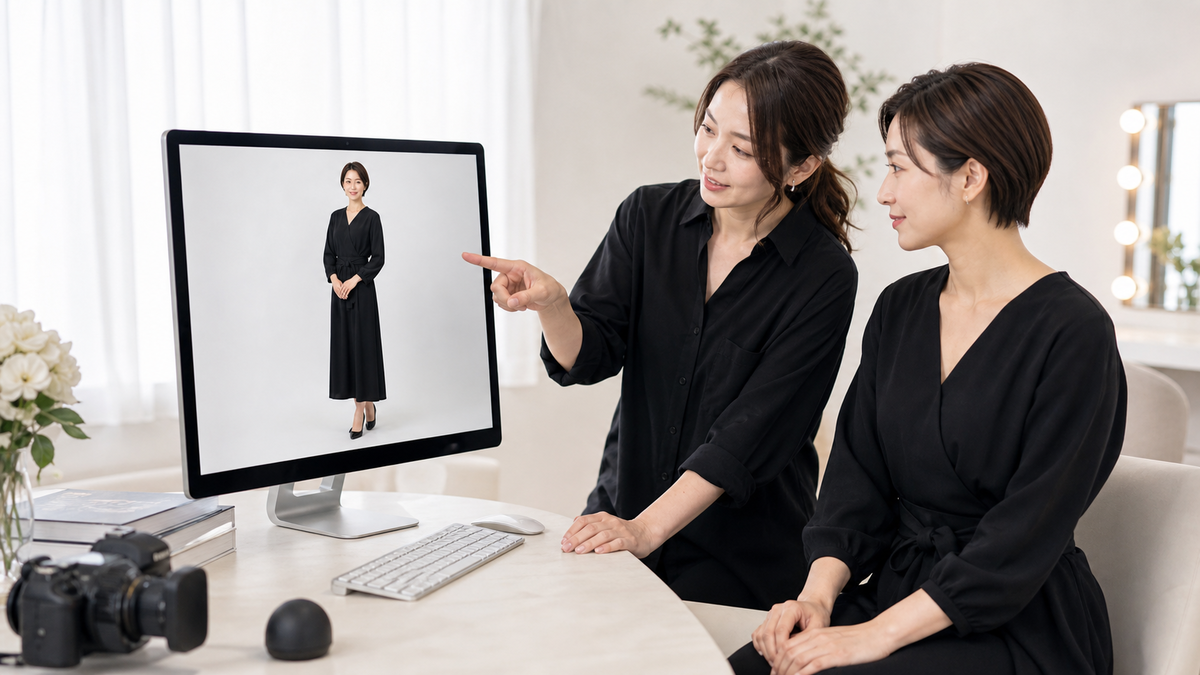 黒い衣装の輪郭と素材感を撮影後のモニターで確認する女性