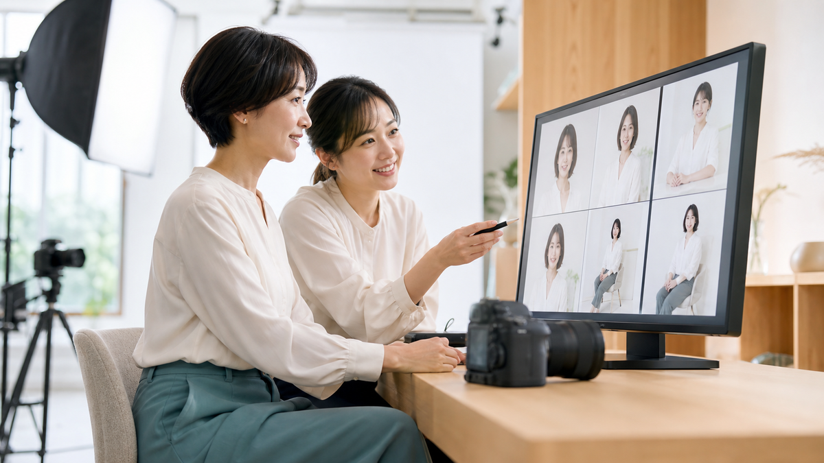 白い衣装の透けと白飛びを撮影後のモニターで確認する女性