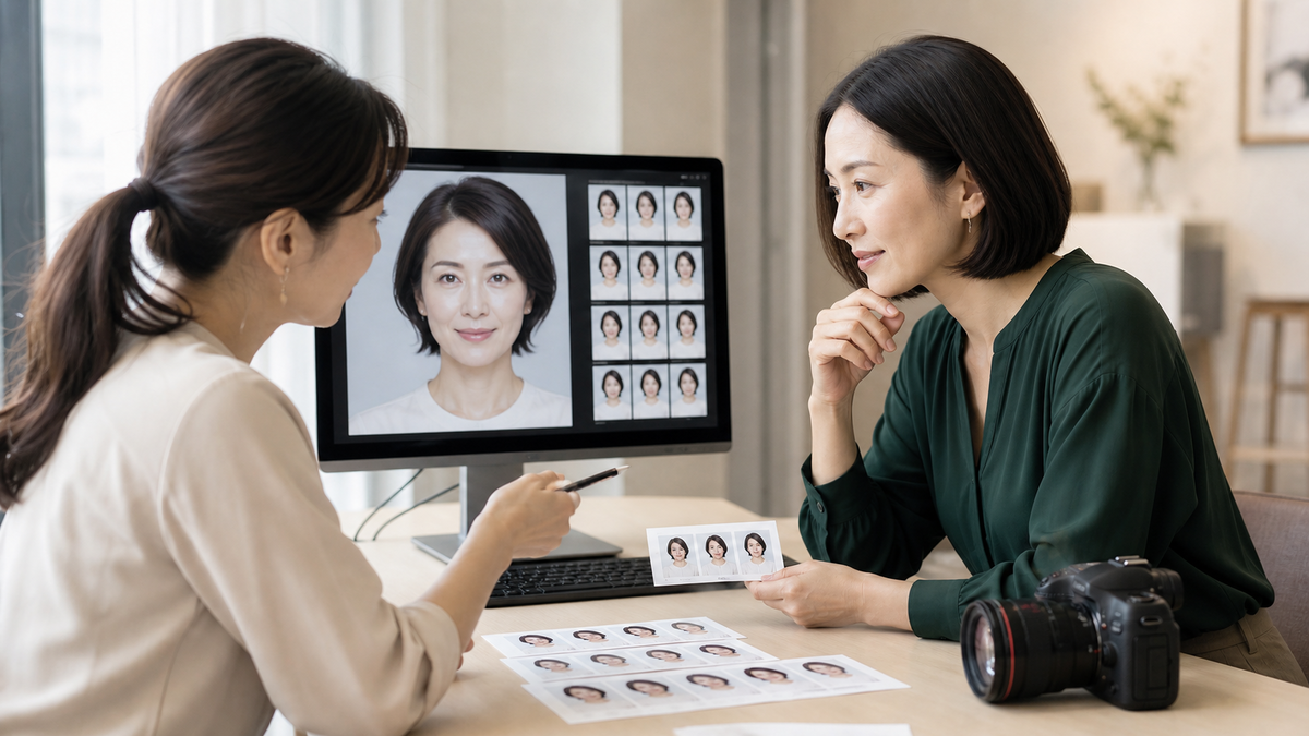等倍と小さな掲載サイズで眉と表情を比較する写真選定
