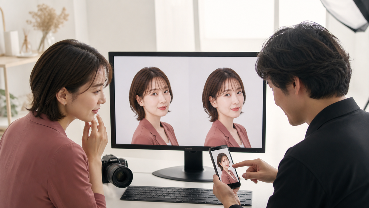 モニターとスマートフォンでコンシーラーの仕上がりを比較する写真選定