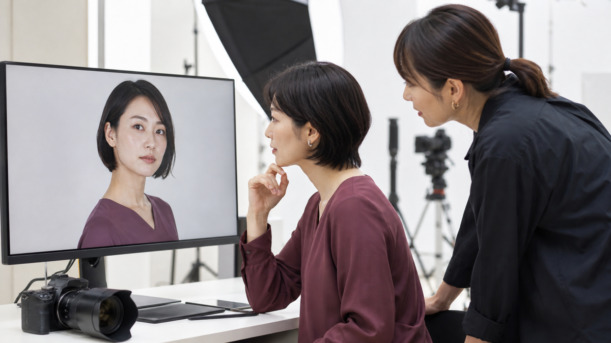 撮影後のモニターで顔と首の色差を確認する女性と撮影スタッフ