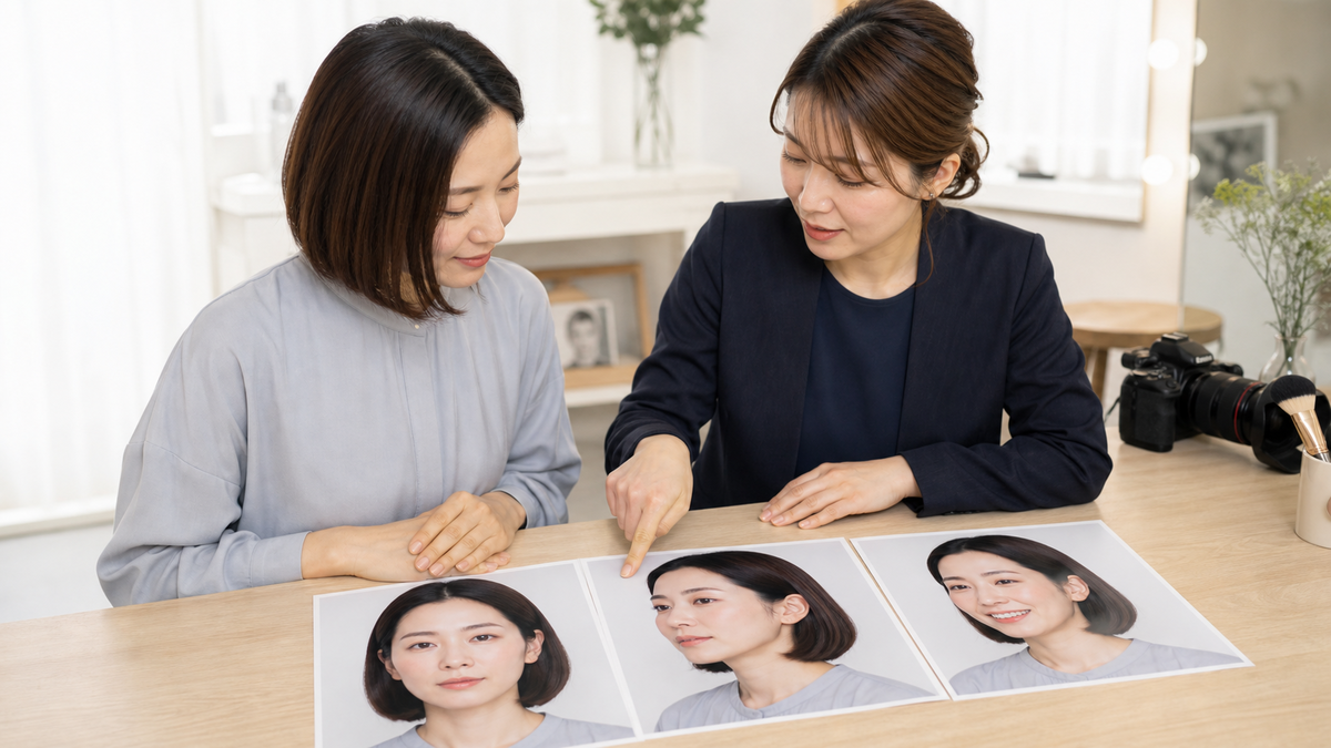 正面と斜めと笑顔のテスト写真を並べて頬のムラを確認する撮影相談