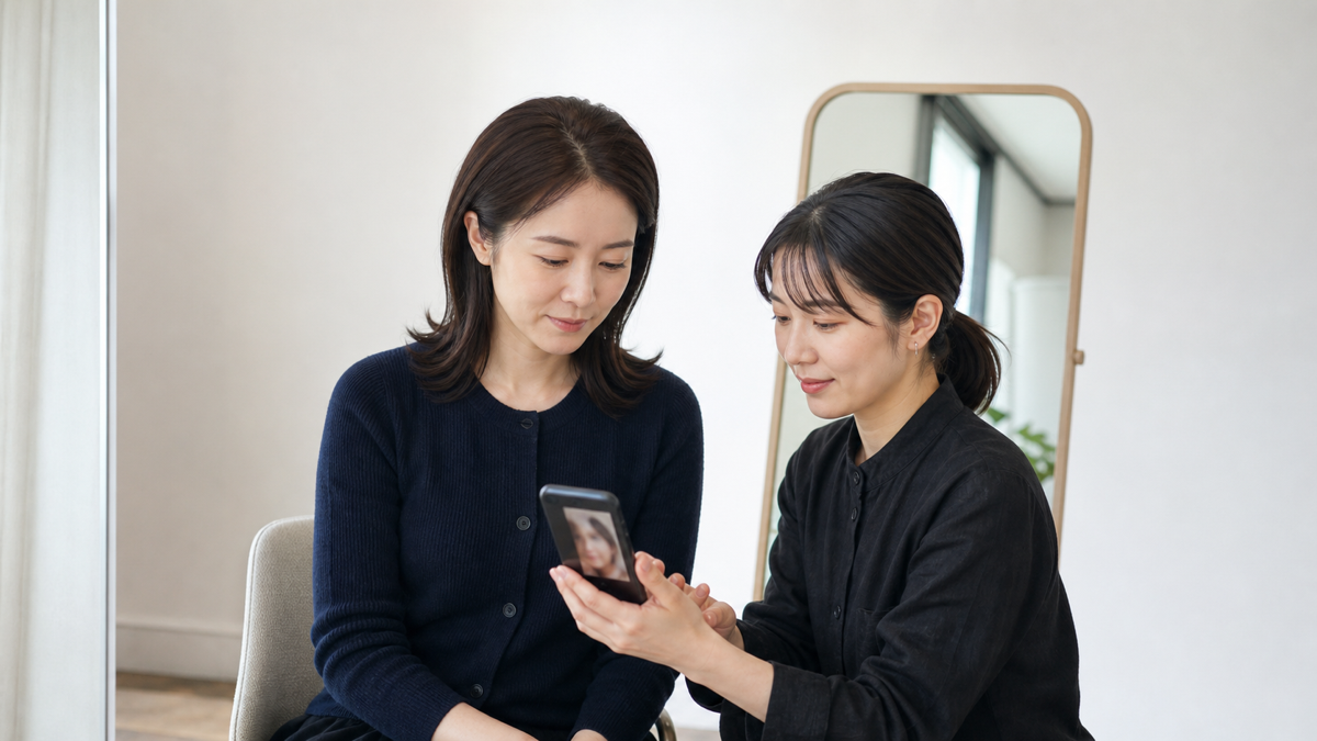 写メ日記へ投稿する鏡越し写真の映り込みを確認する女性と撮影担当者