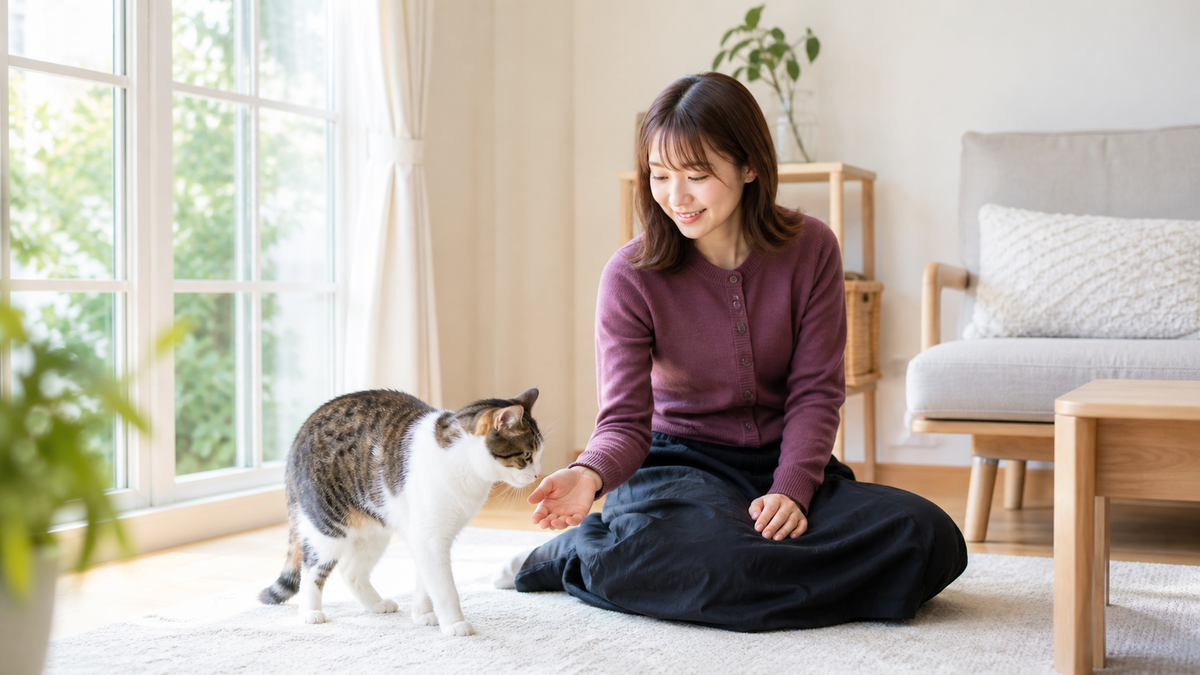 ペットの安全を優先して明るい室内で猫を待つ女性
