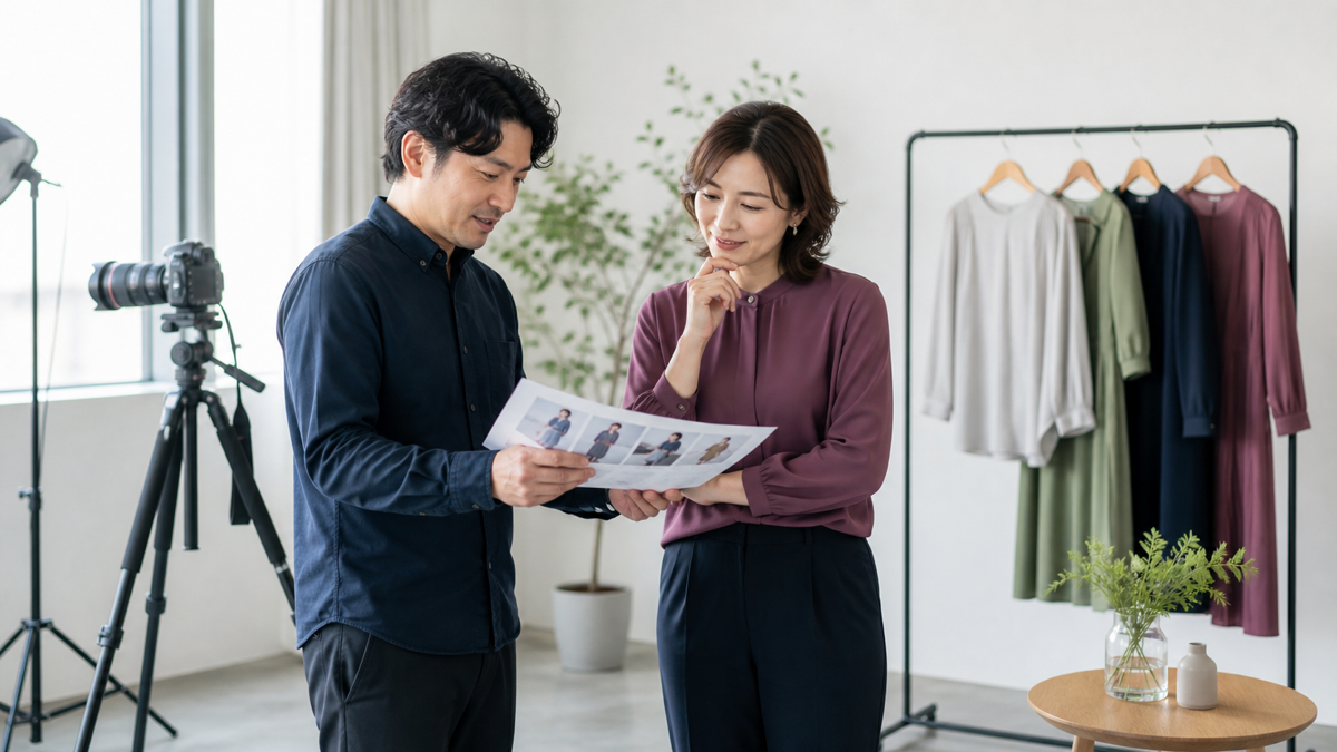写メ日記の季節別衣装と撮影カットをスタジオで相談する様子