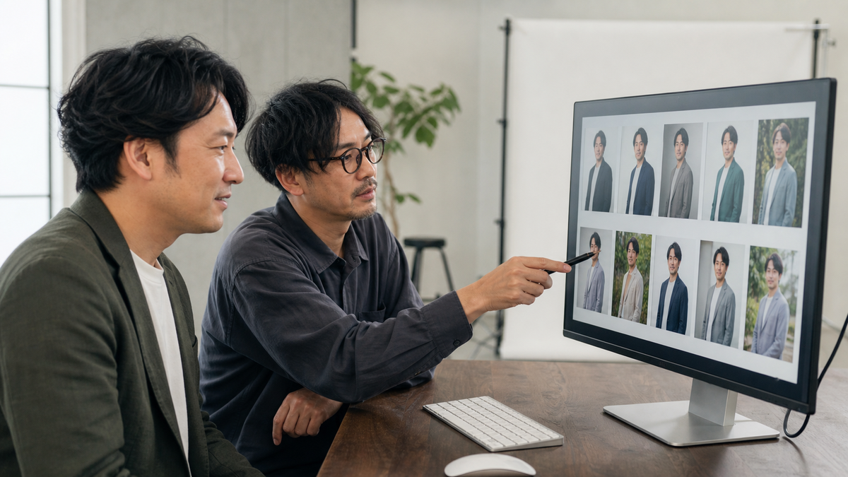 撮影後に男性の婚活写真とマッチングアプリ写真をモニターで選ぶ様子