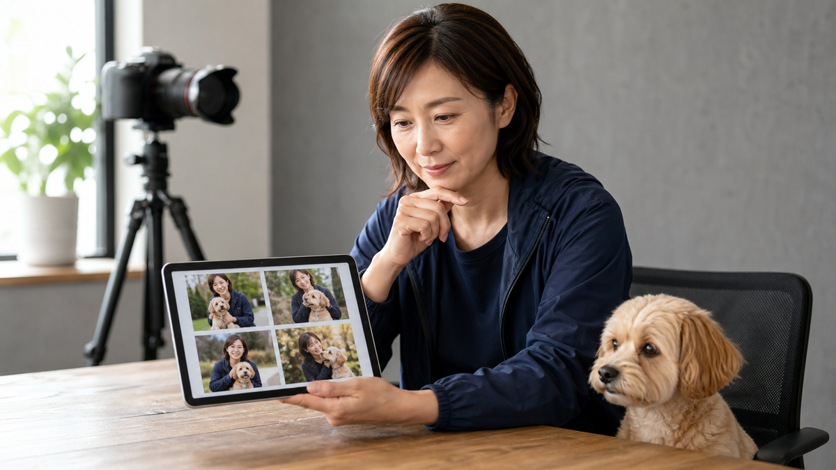 ペットと一緒のマッチングアプリ写真をタブレットで選ぶ女性