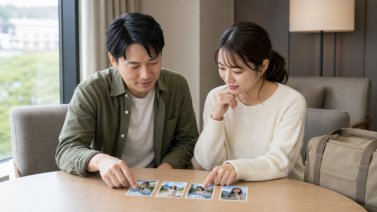 旅行先で撮ったマッチングアプリ写真の候補を見比べる男女