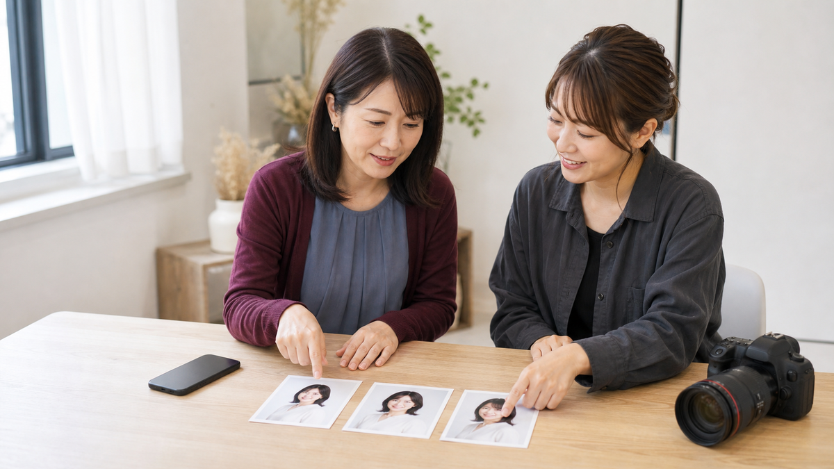 スマホを使ったマッチングアプリ写真の候補を撮影者と選ぶ女性