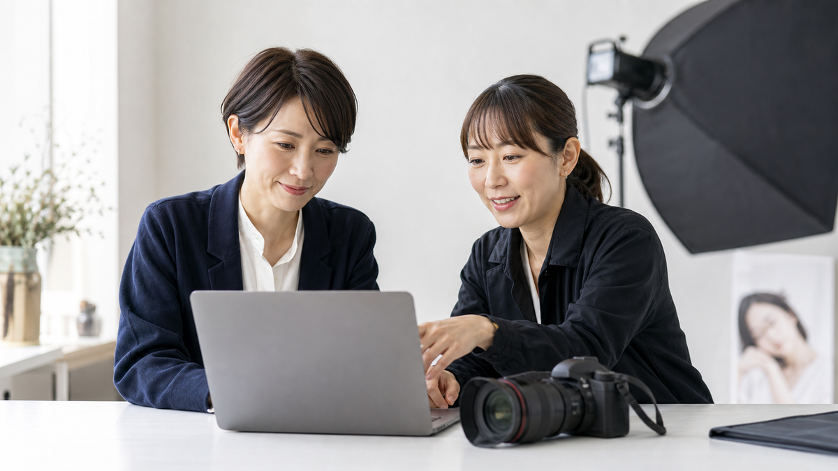 撮影後に写メ日記で使いやすい写真を選ぶ女性とフォトグラファー