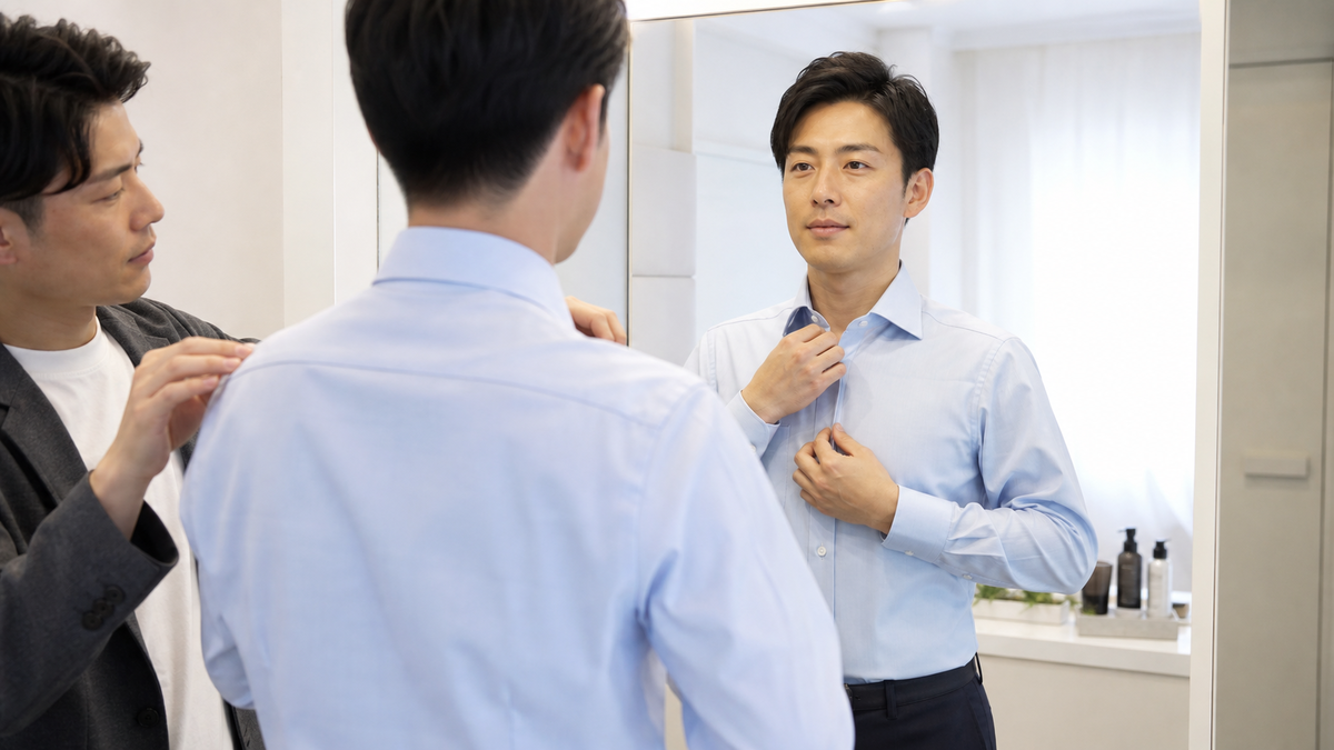 婚活写真の撮影前に鏡でシャツの襟と肩線を確認する成人男性